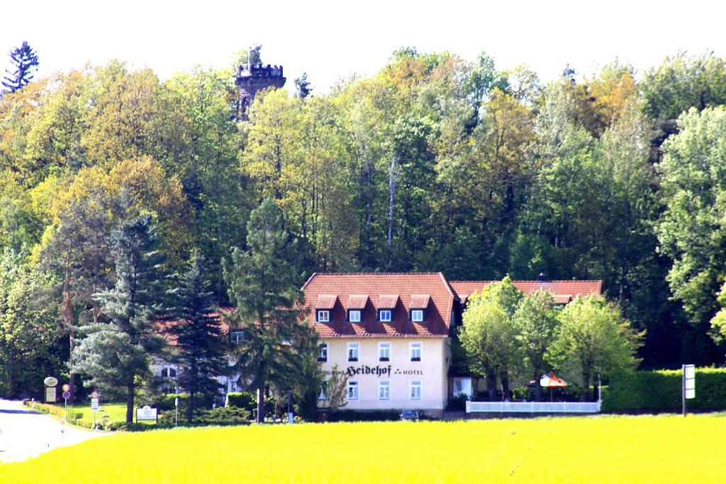 una casa en medio de un campo con árboles en Landhaus Heidehof, en Dippoldiswalde