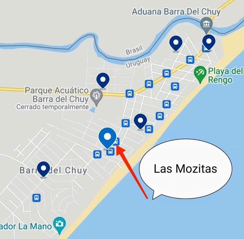 een kaart van las morocco met een rode markering bij Las Mozitas in Barra del Chuy