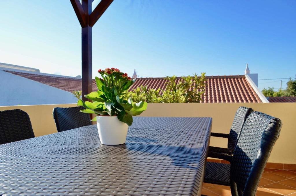 uma mesa com um vaso de plantas numa varanda em Villa ELTAEL - Rita Apartment - Warm Pool from April 2025 na Manta Rota