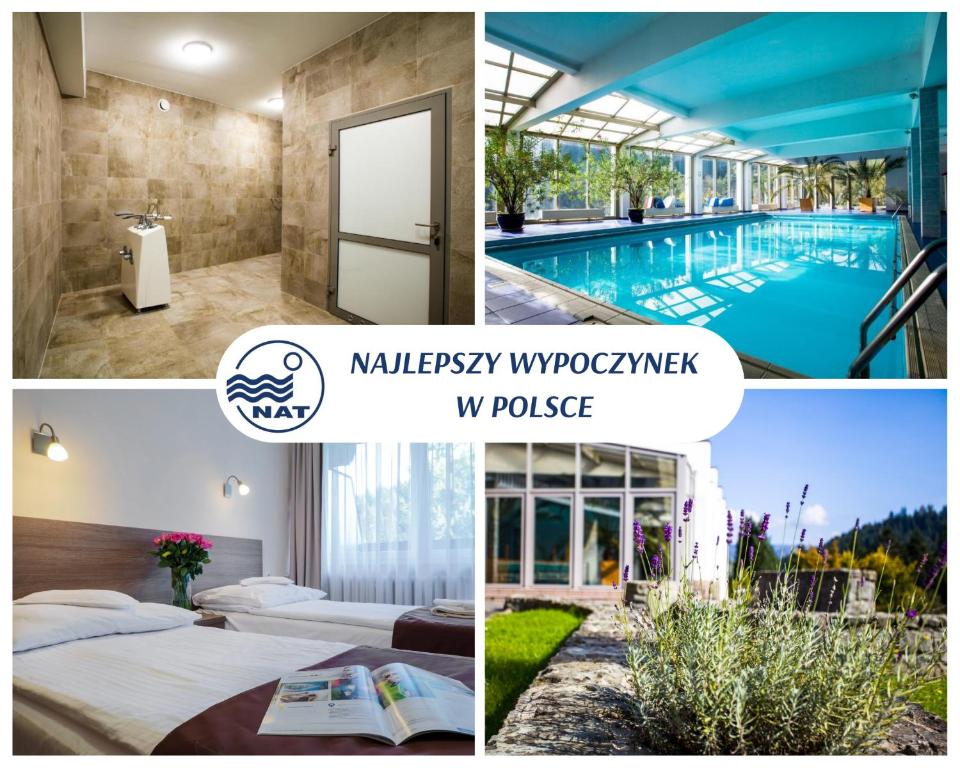 un collage de fotos con una habitación de hotel y una piscina en Hotel***NAT Piwniczna Zdrój, en Piwniczna-Zdrój