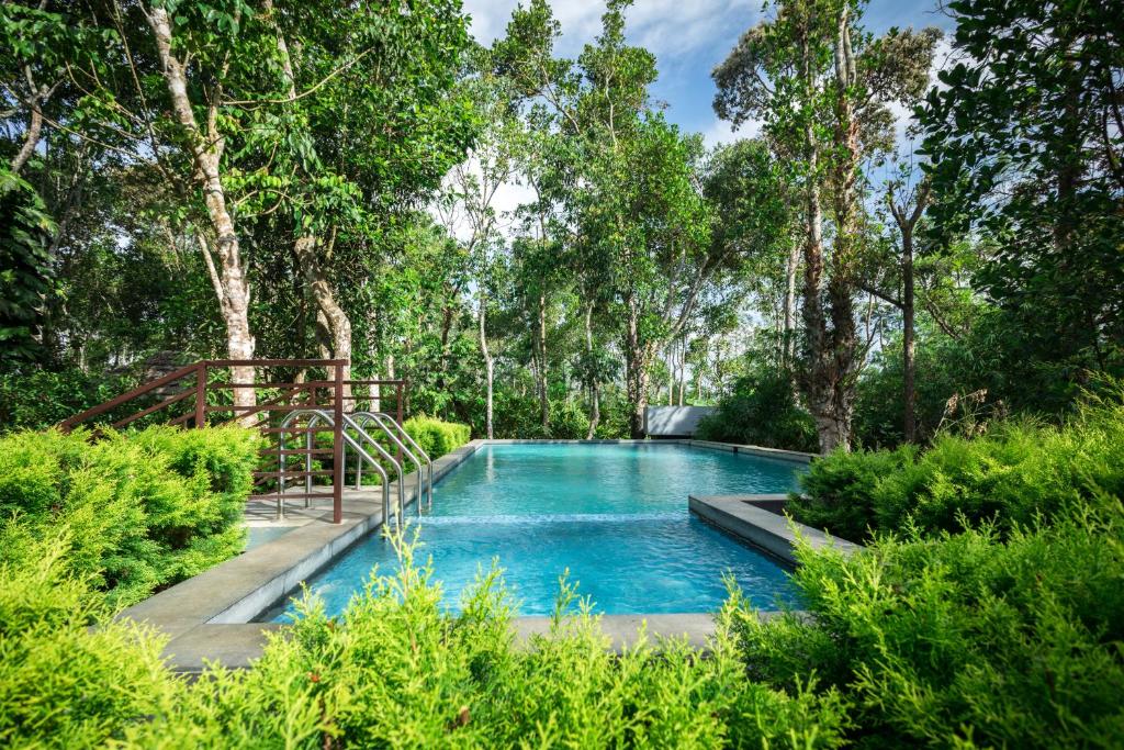 una piscina en un jardín con árboles en The Mountain Courtyard Thekkady, en Thekkady