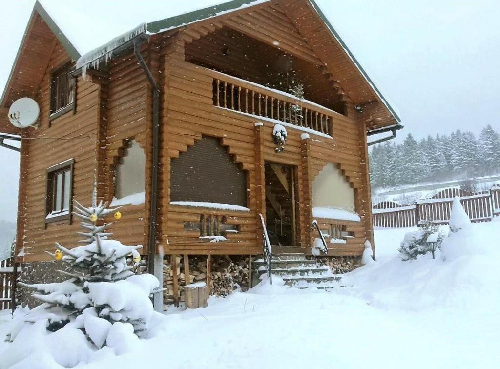 a log cabin in the snow with snow at Вілла Олекси in Skhidnitsa