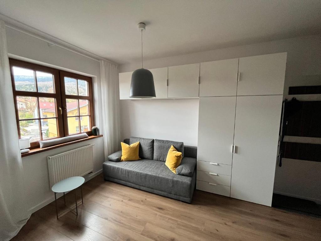 uma sala de estar com um sofá e uma mesa em Apartament Love Góry Karpacz Centrum em Karpacz