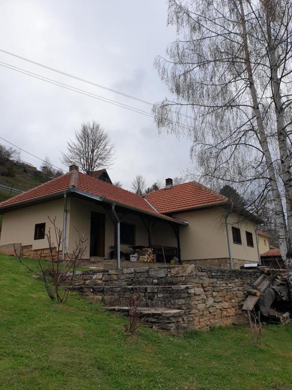 uma casa branca com uma parede de pedra num quintal em Kuća za odmor - Martić, Rudno, Golija em Kraljevo