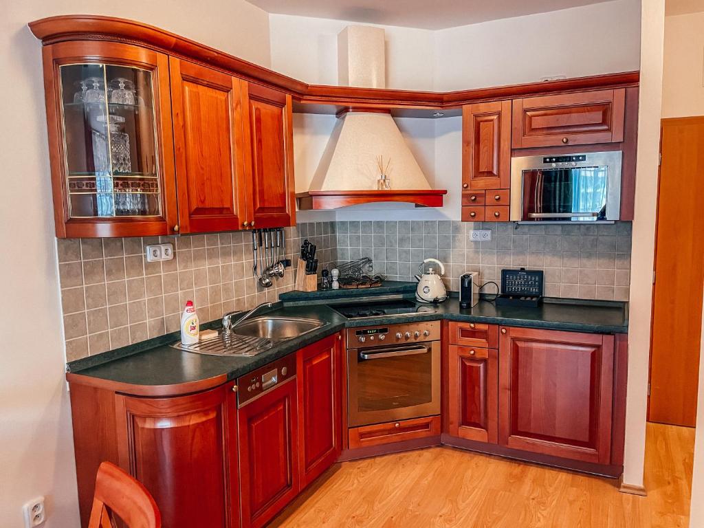 a kitchen with wooden cabinets and a sink at Gizela in Luhačovice