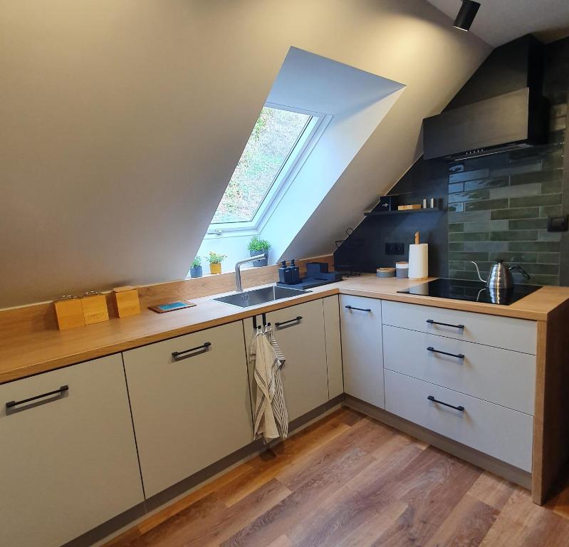 a kitchen with a sink and a window at Apartamenty Magiczna Wenecja in Cieszyn