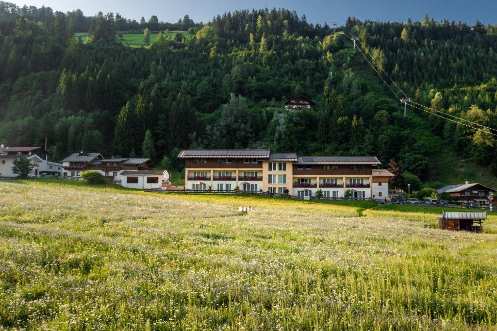 a large building in a field in front of a mountain at Apparthotel AlpenChalet in Neukirchen am Großvenediger