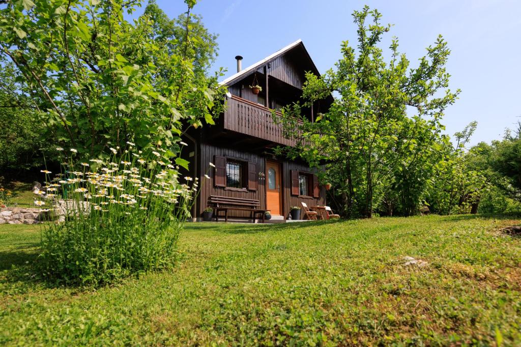 een huis op een heuvel met een groene tuin bij Počitniška hiša ErOs in Bohinj