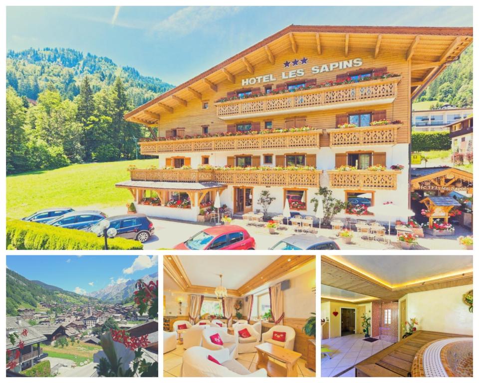 a collage of pictures of a hotel with cars parked at Hotel les Sapins in La Clusaz