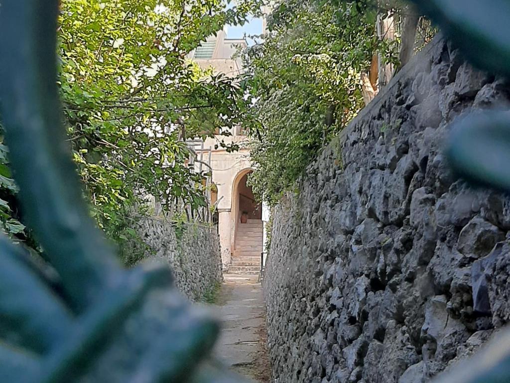 Une allée avec un mur en pierre et un bâtiment dans l'établissement Symphony House Ravello, à Ravello