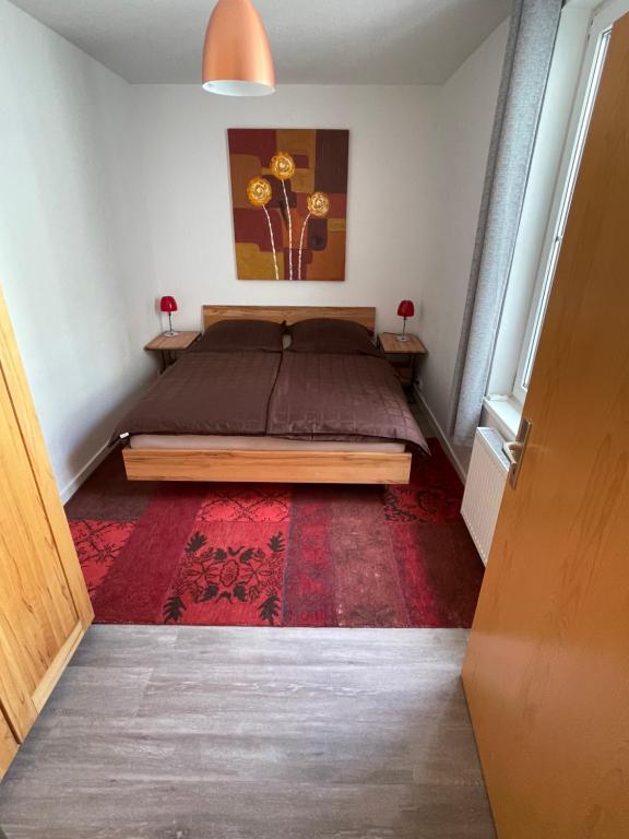 1 dormitorio con cama y alfombra roja en Ruhige Ferienwohnung, en Rostock