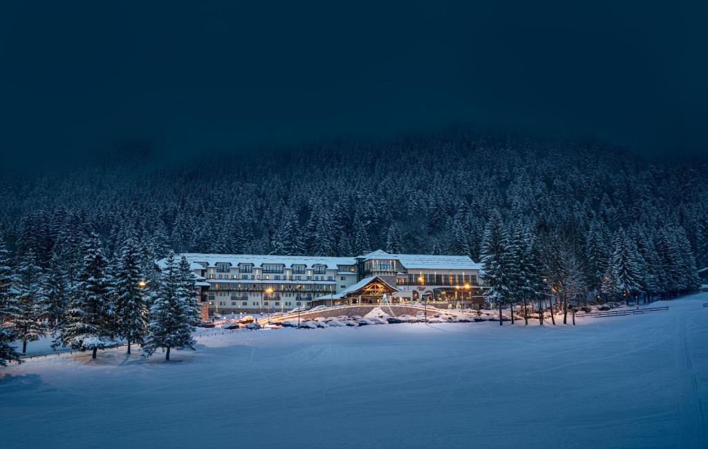 un grande edificio nel mezzo di una foresta innevata di Ana Hotels Sport Poiana Brasov a Poiana Brasov