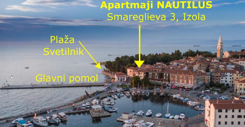 una vista aerea di un porto con barche in acqua di Apartments Nautilus, nearby beach Svetilnik a Izola