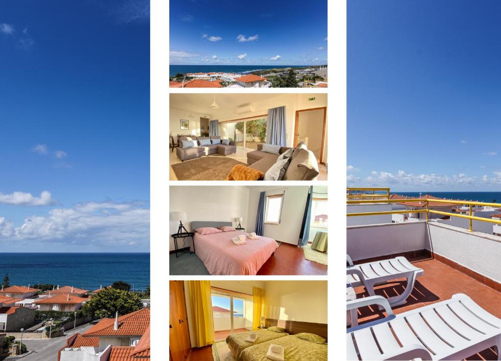 un collage de cuatro fotos de una habitación de hotel en Ericeira Panoramic Sea View Apartments, en Ericeira