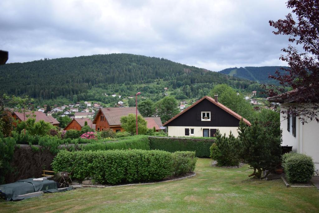 a house in the middle of a yard with a mountain at Chez Vivi et Jean Pierre Maison 8 à 9 personnes au calme vue montagne WIFI in Gérardmer