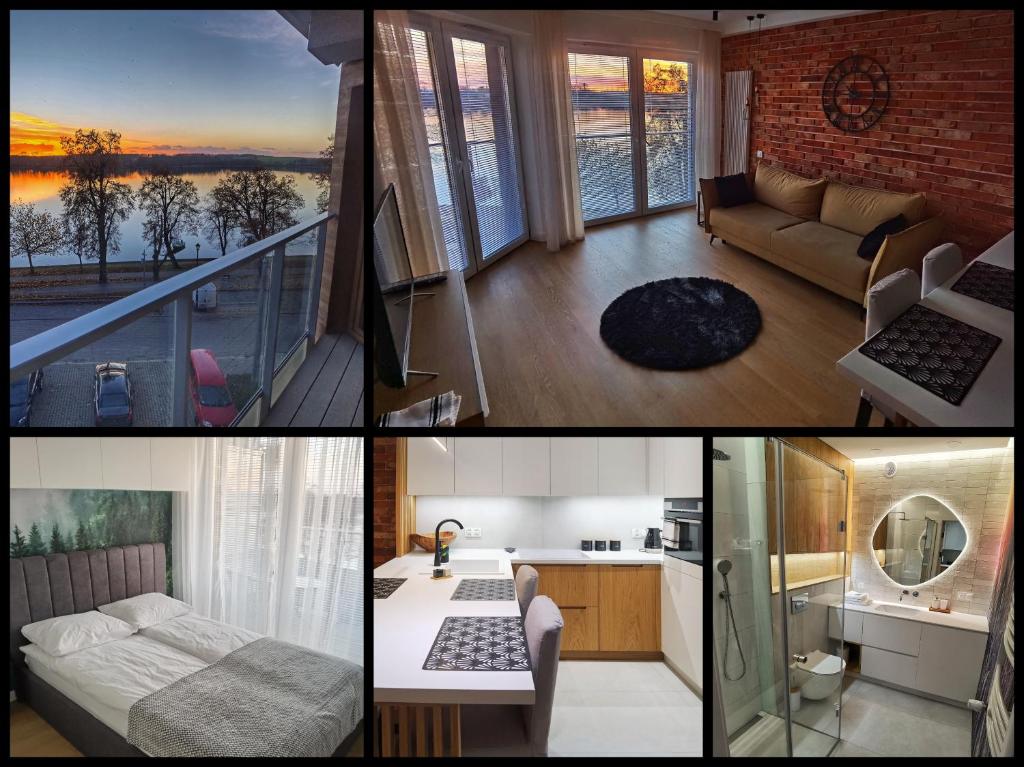 eine Collage mit Fotos von einem Wohnzimmer und einem Apartment in der Unterkunft LakeView in Lyck