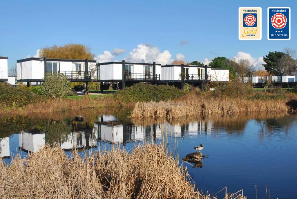 un canard nageant dans un lac avec un bâtiment en arrière-plan dans l'établissement 6 Avocet Quay, Emsworth, à Emsworth