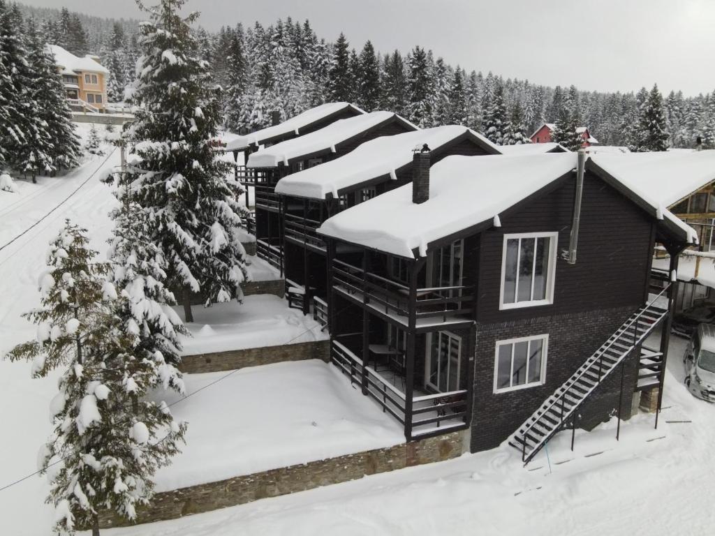 une vue aérienne sur une maison recouverte de neige dans l'établissement Парк-готель Щастя, à Skhidnitsa