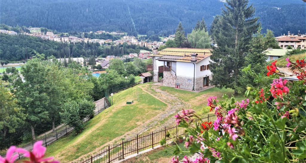 une maison au sommet d'une colline avec des fleurs dans l'établissement ALICE di SOPRA, à Andalo