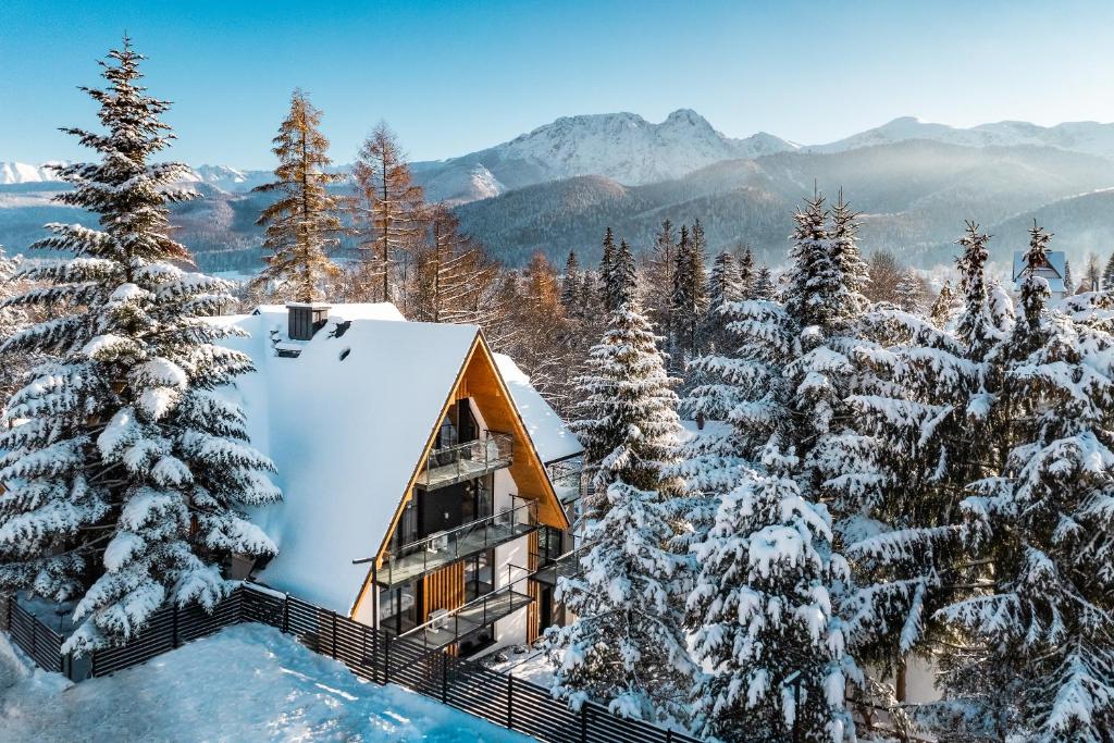 考斯赛力克Tatry Residence SPA的山间小屋,有雪覆盖的树木