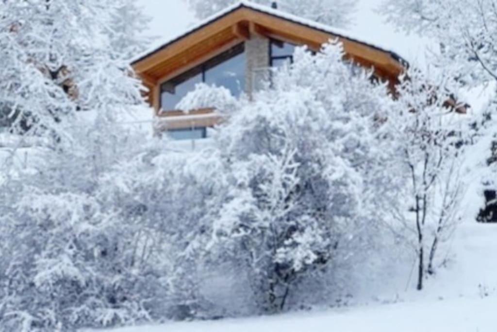 eine Hütte im Schnee bedeckten Wald in der Unterkunft Chic small new apartment up to 4 people, Pets allowed in Lens