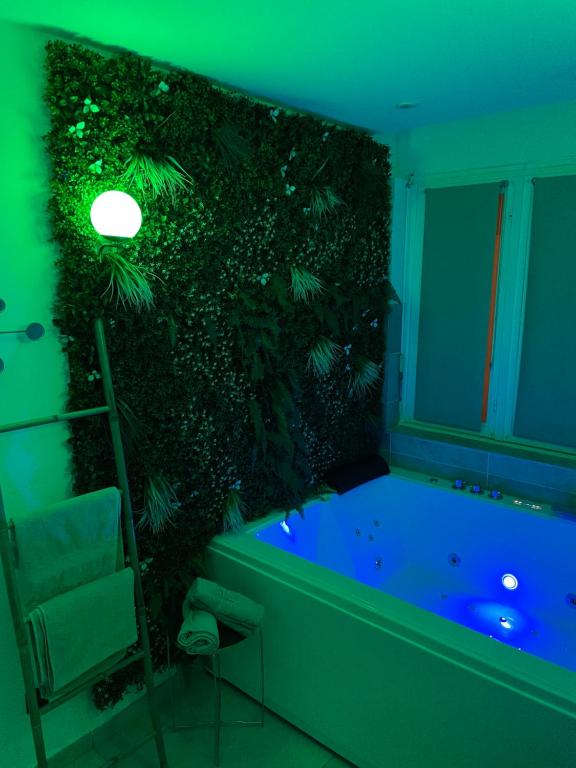 een badkamer met een groene muur en een bad bij L'extasia appartement,spa jacuzzi Grenoble in Grenoble