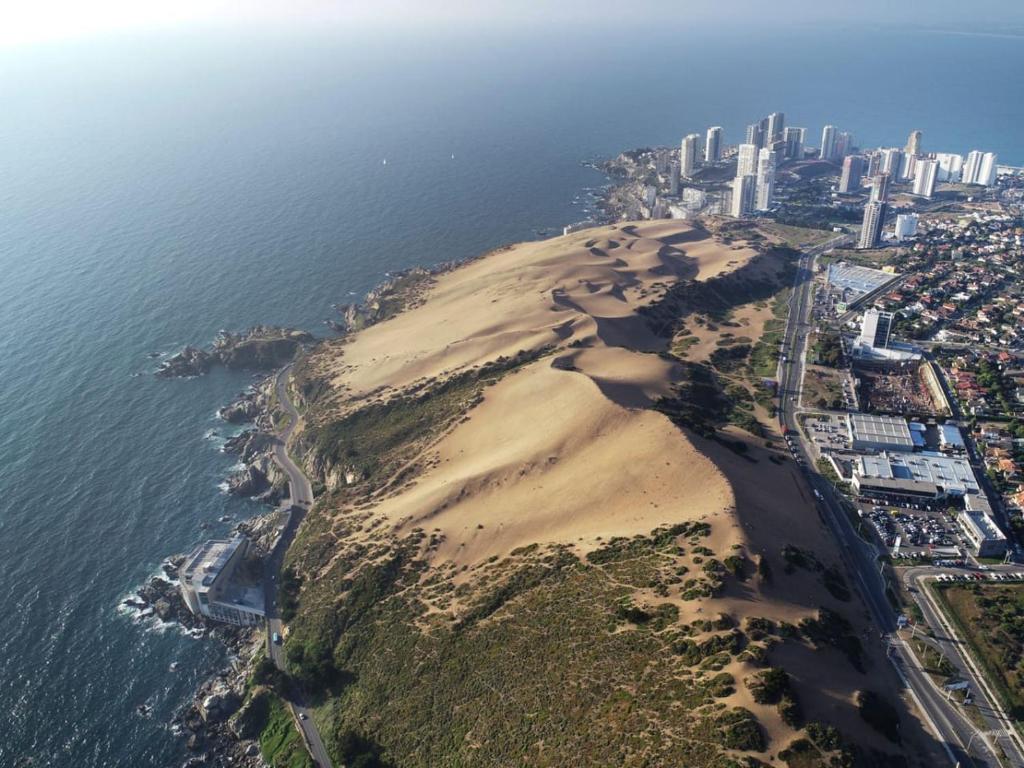 维纳德马Exquisito Departamento Reñaca en el sector más turístico的享有海滩的空中海景