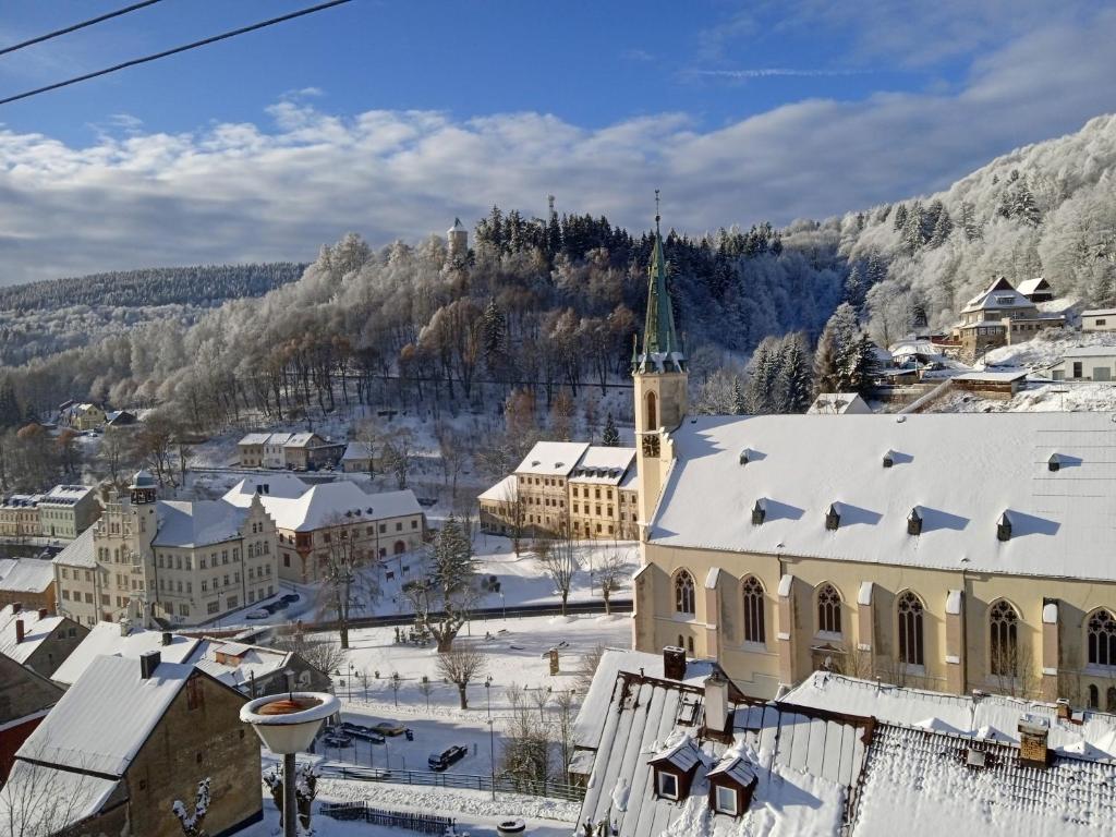 een stad met sneeuw overdekte daken en een kerk bij Apartmán Albreit 1 in Jáchymov