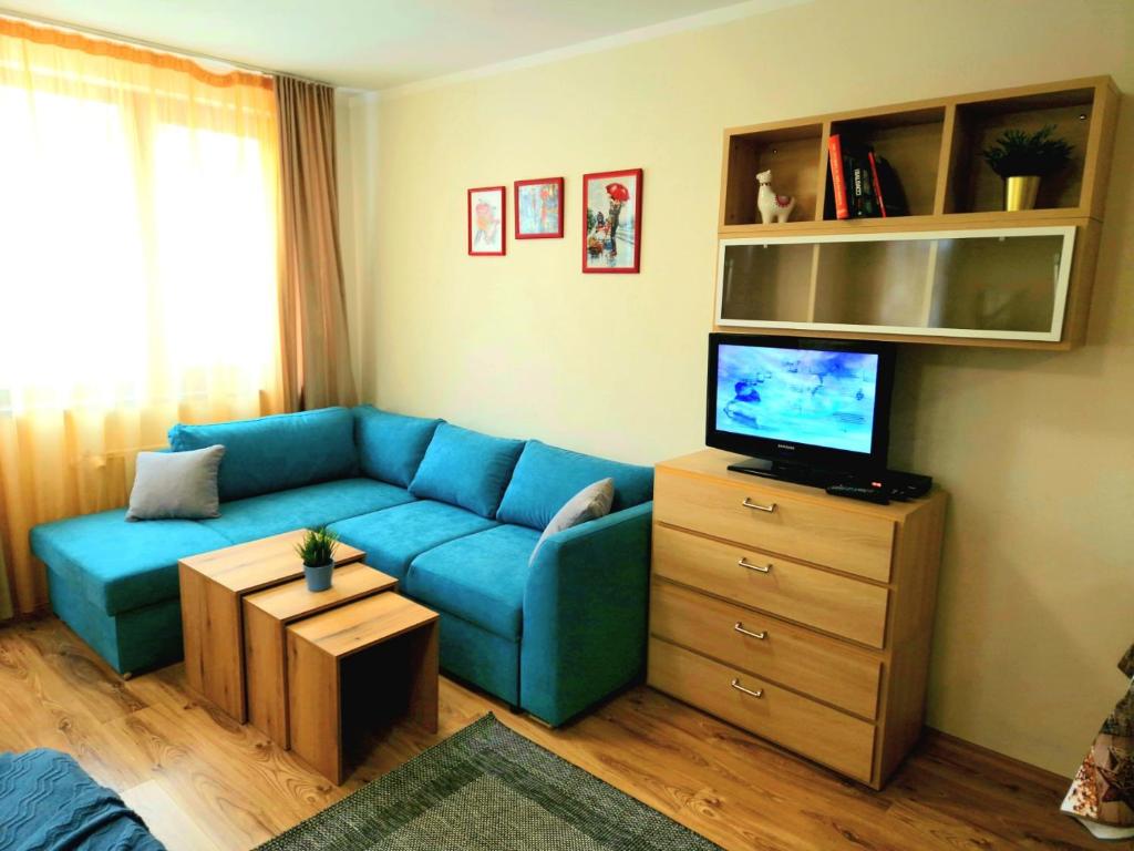 ein Wohnzimmer mit einem blauen Sofa und einem TV in der Unterkunft Студио D-41 в Апарт-хотел Боровец Гардънс in Borowez