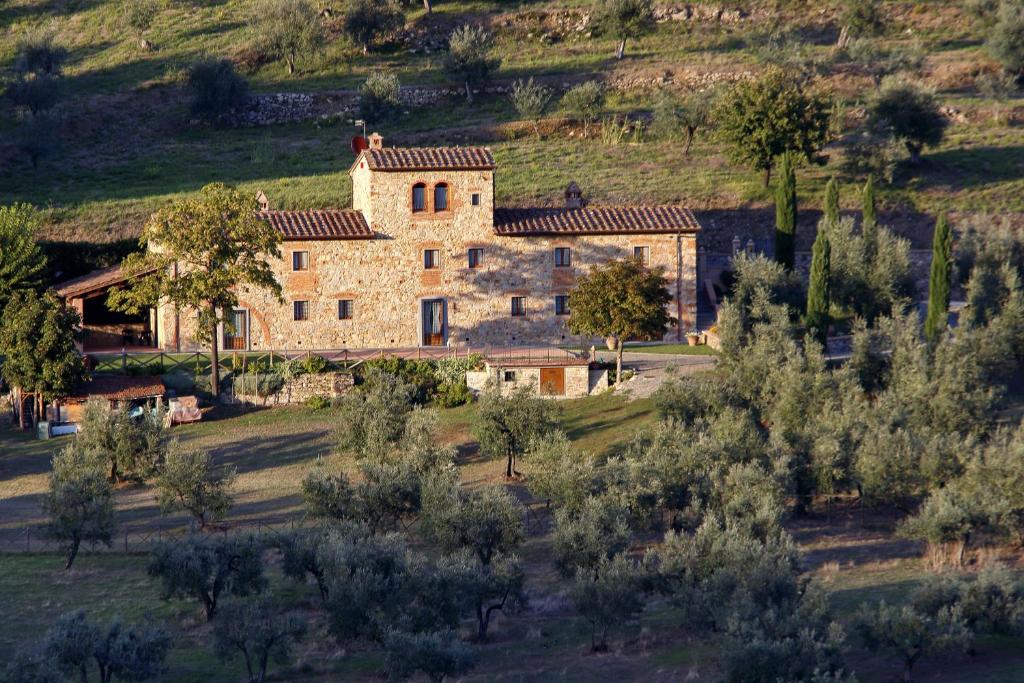 een groot stenen huis op een heuvel met bomen bij Agriturismo San Martino in Quarrata