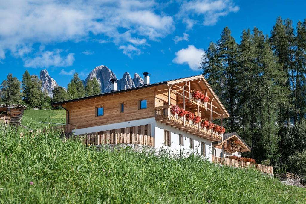 a house on a hill with mountains in the background at Apartment Mittermanting in Villnoss