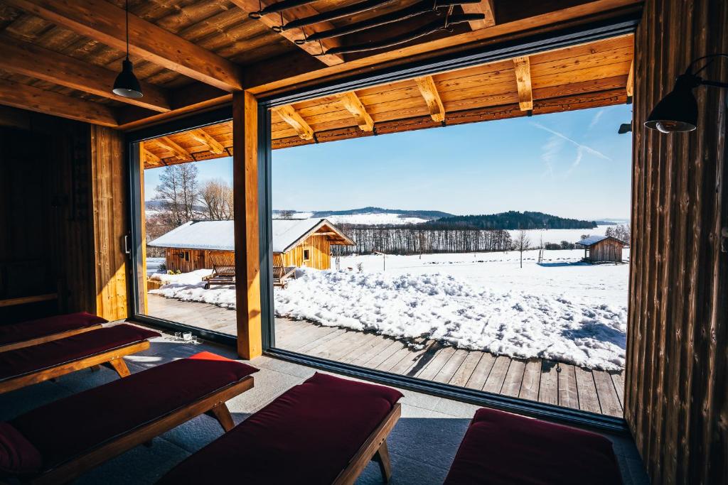 een raam in een kamer met uitzicht op een sneeuwbedekte tuin bij Aparthotel & Wellness Knížecí cesta in Horní Planá