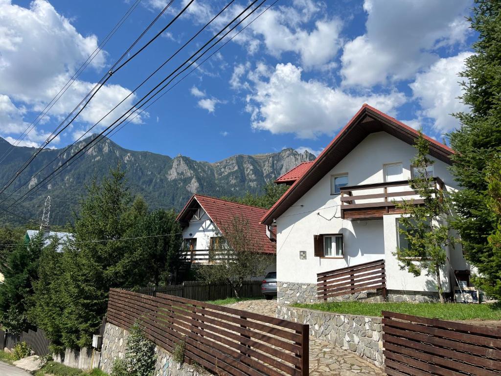 een wit huis met bergen op de achtergrond bij Rustic House Busteni in Buşteni