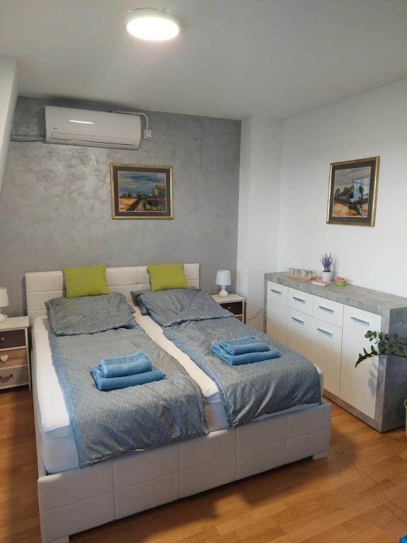 een slaapkamer met een bed met blauwe kussens erop bij Green and grey in Novi Sad