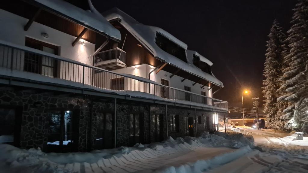 un bâtiment dans la neige la nuit dans l'établissement Penzion Dominik, à Železná Ruda