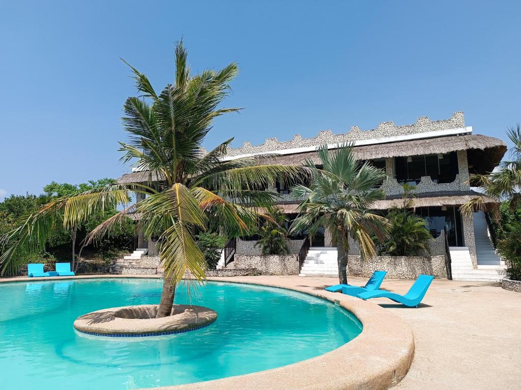 einen Pool mit zwei blauen Stühlen und einer Palme in der Unterkunft The Wild Orchid Resort - Moalboal in Moalboal