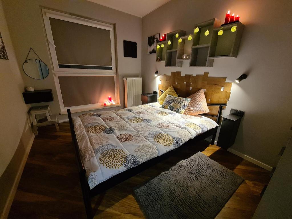 een slaapkamer met een bed en een raam bij JR Smolna in Poznań