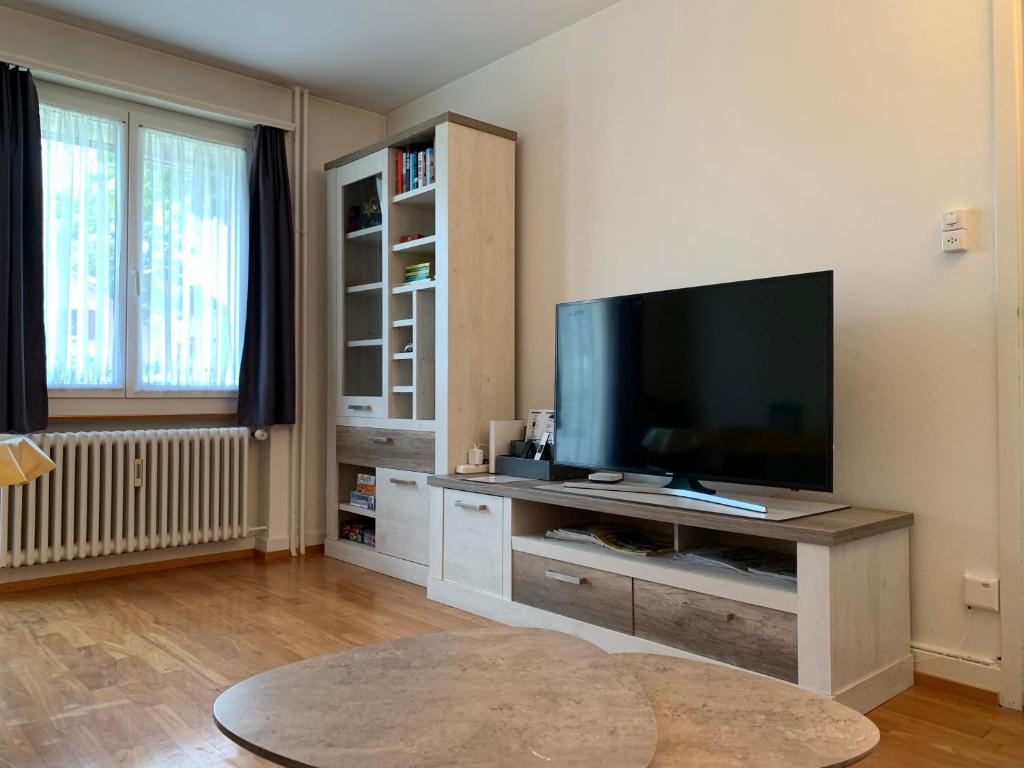 a living room with a large flat screen tv at Ferienwohnung in Bern in Bern