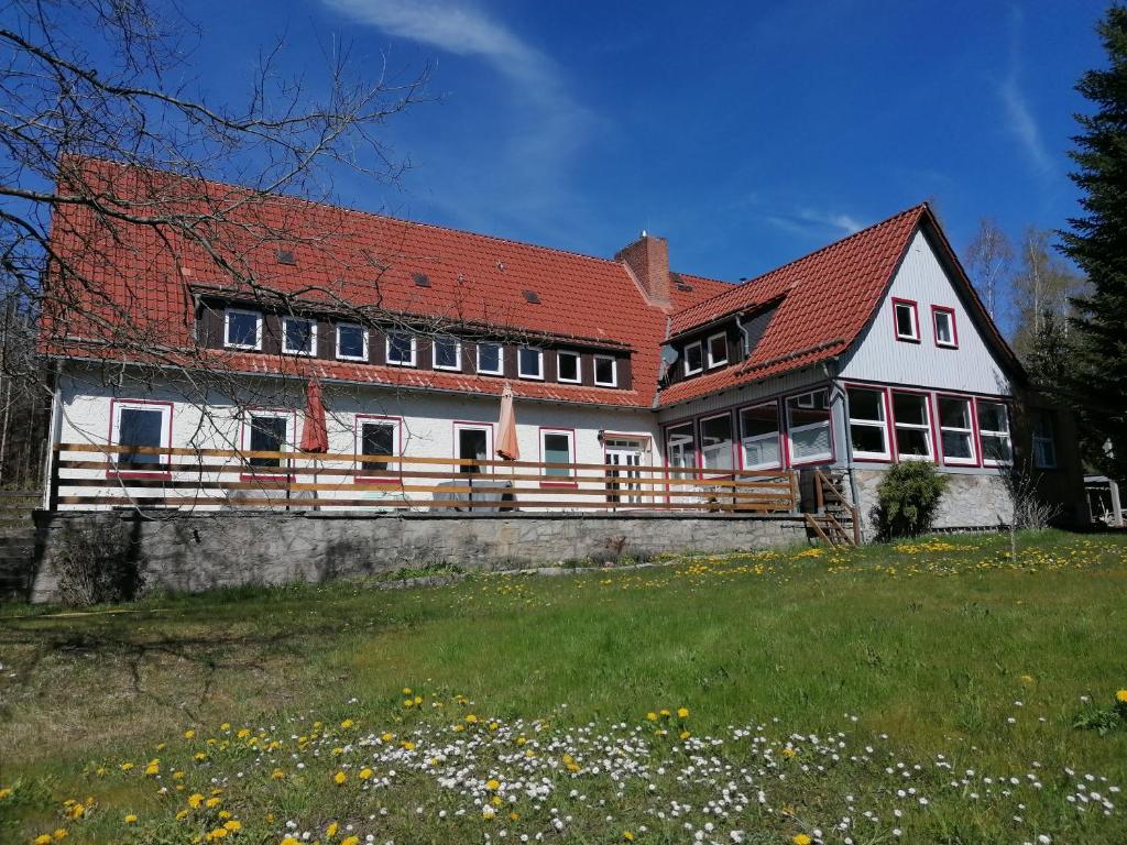 uma grande casa branca com um telhado vermelho em Villa Viriditas em Elbingerode