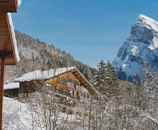 un bâtiment dans la neige avec une montagne en arrière-plan dans l'établissement Edelweiss, à Samoëns