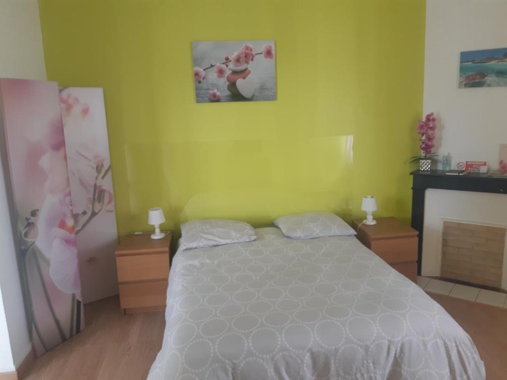 um quarto com uma cama e uma lareira em Chez Virginie em Gisors