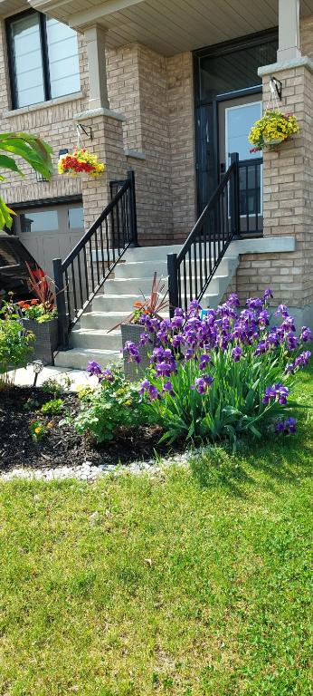 a house with purple flowers in the front yard at Jahsavvy's Nest in Hamilton