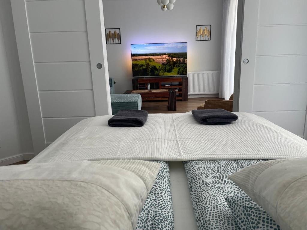 1 dormitorio con 2 camas y TV de pantalla plana en Apartament 32 NOWA WIEJSKA Olecko Mazury Garbate, en Olecko