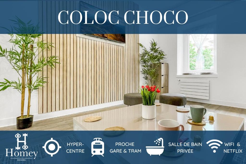 un magazine publicitaire pour le coloco choo avec une table et des chaises dans l'établissement LA COLOC CHOCO - Belle Colocation en hypercentre / 5 chambres privées / Salle de bains privative / Proche Gare et Tram / Wifi et Netflix, à Annemasse