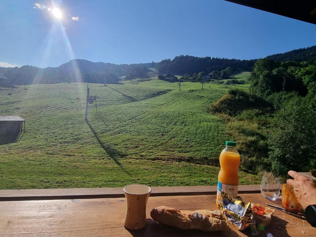 stół z butelką soku pomarańczowego i widokiem na pole w obiekcie Appartement Schuss II vue montagne au pied des pistes w mieście Flumet