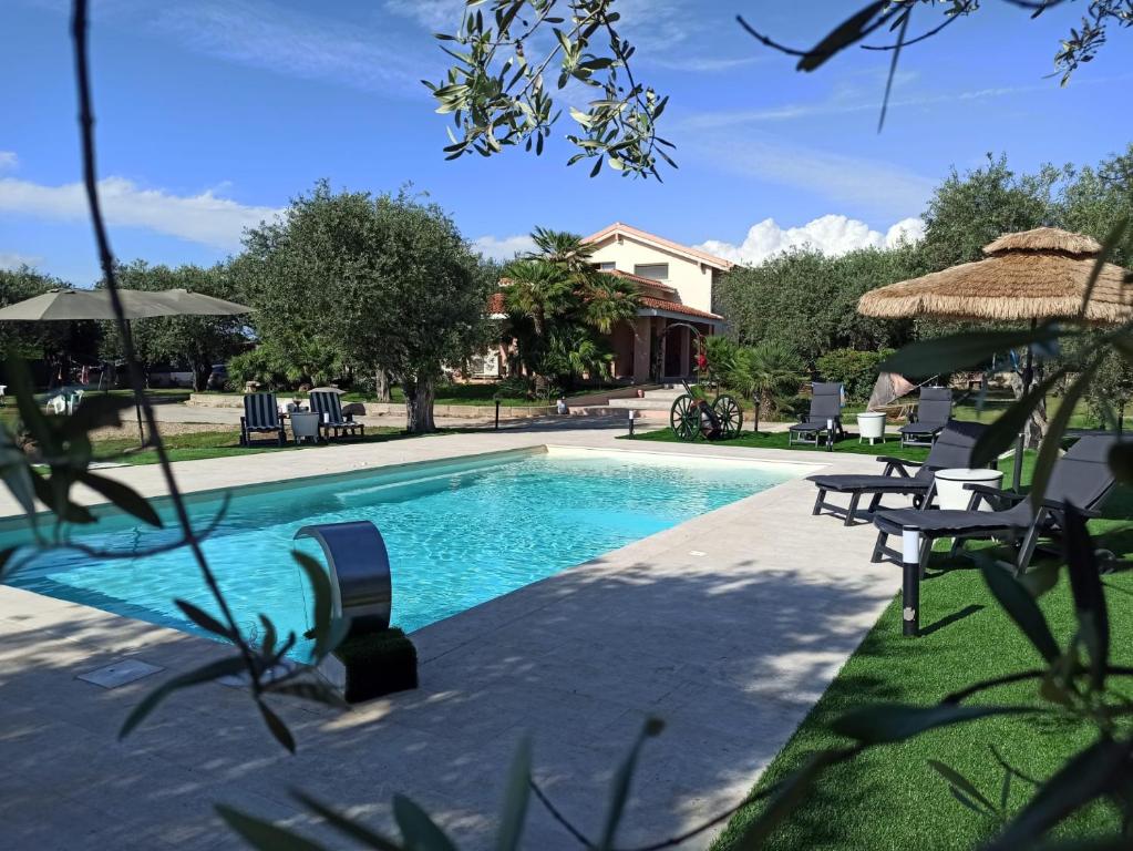 - une piscine avec des chaises longues et des parasols dans l'établissement Villa Marianna, à Alghero