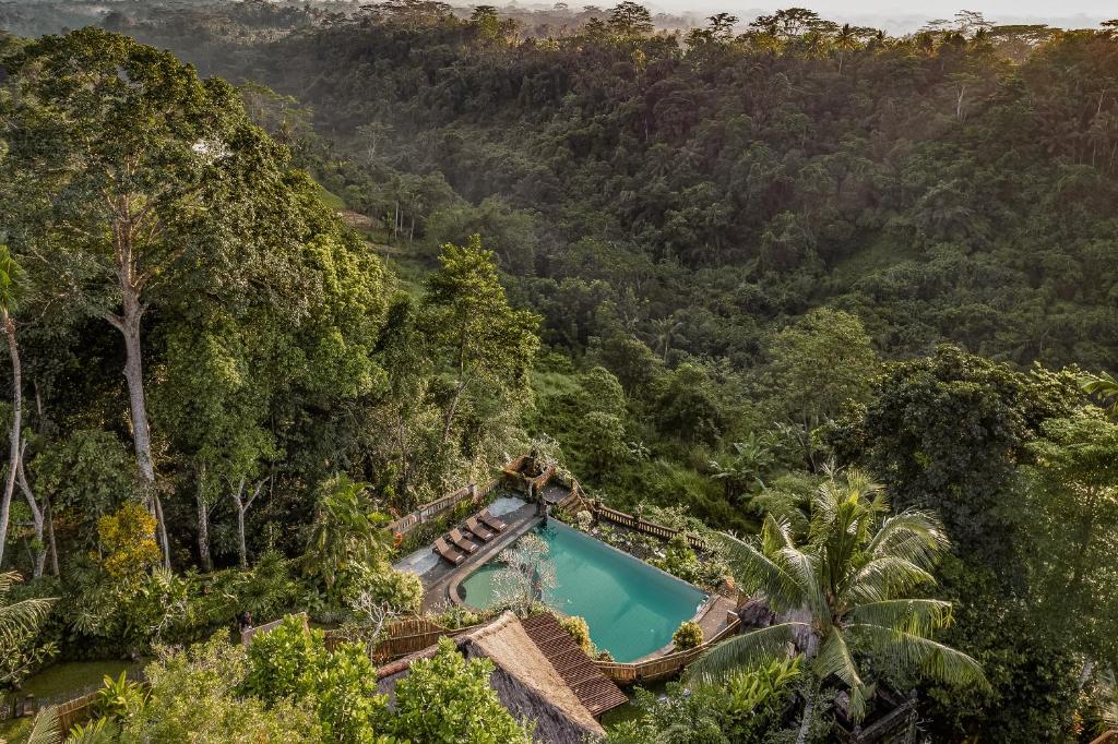 una vista aérea de una piscina en un bosque en Teja Lokha Ubud Villa, en Ubud