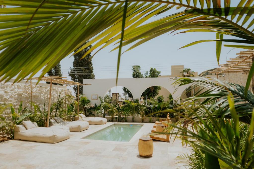 een zwembad op een binnenplaats met planten bij Hotel Anilevich Mansion in Beer Sheva