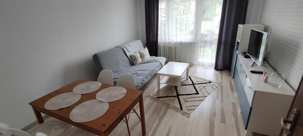 uma sala de estar com uma mesa e um sofá em CITY VIEW Zamenhofa II em Świdnica