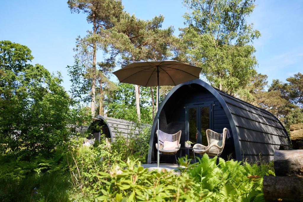 een zwarte koepeltent met 2 stoelen en een paraplu bij KampinaStaete, hippe cottages midden in natuurgebied de Kampina Oisterwijk in Oisterwijk